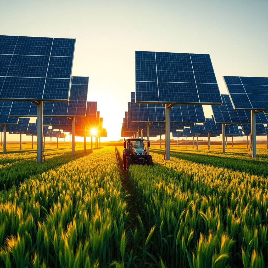 Vue d'ensemble de panneaux solaires agricoles installés au-dessus de cultures céréalières dans un paysage rural