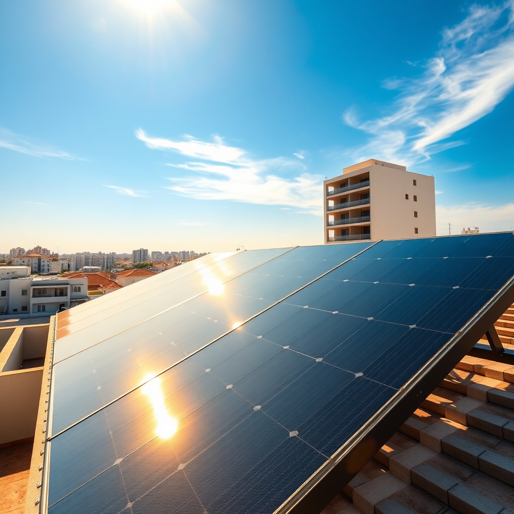Modern rooftop installation of panneaux solaires Casablanca on a residential building, showcasing clean energy adoption under the bright Moroccan sun with city skyline in the background.