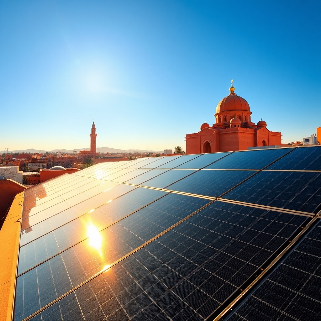 Rooftop installation de panneaux solaires Marrakech avec vue sur la médina et la mosquée Koutoubia sous un soleil éclatant