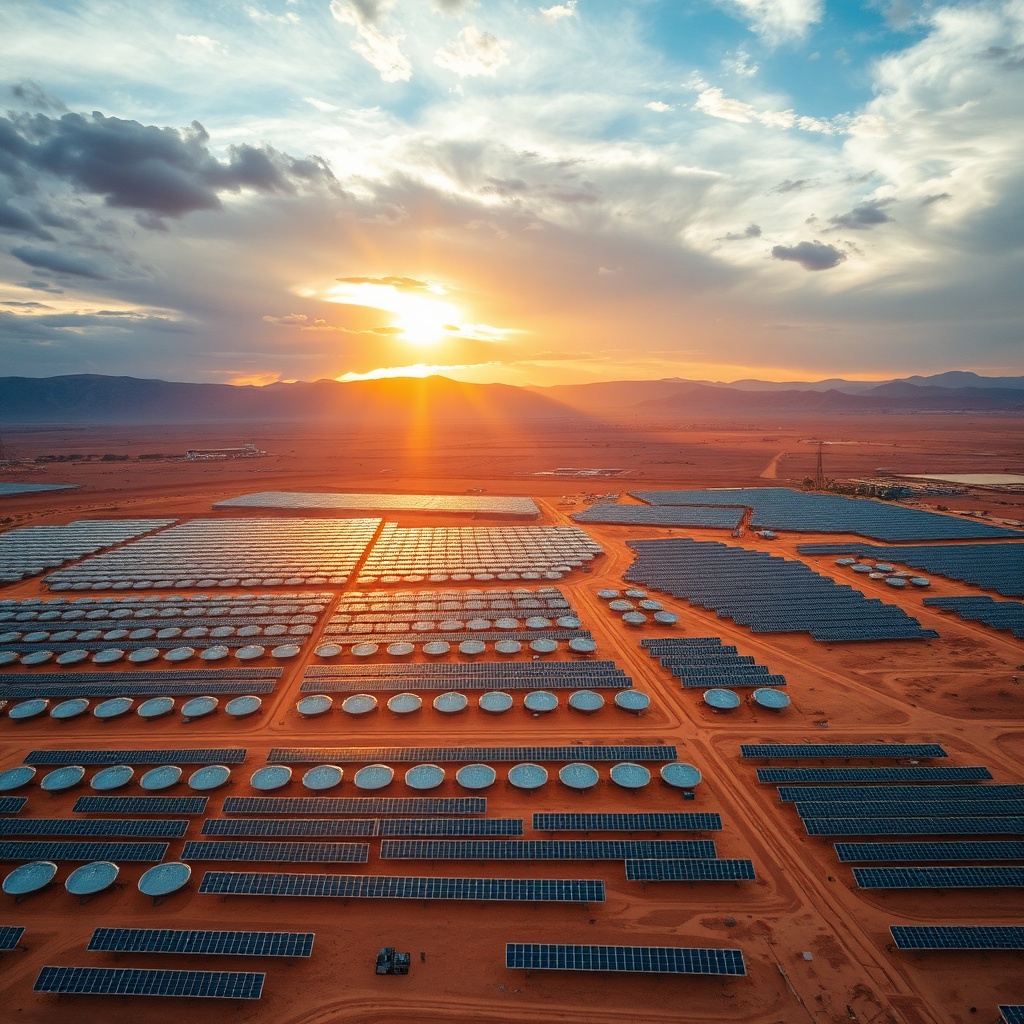 Vue aérienne du complexe solaire Noor Ouarzazate au Maroc, illustrant l'énergie solaire Maroc et la transition énergétique avec des panneaux photovoltaïques et des miroirs paraboliques dans le désert