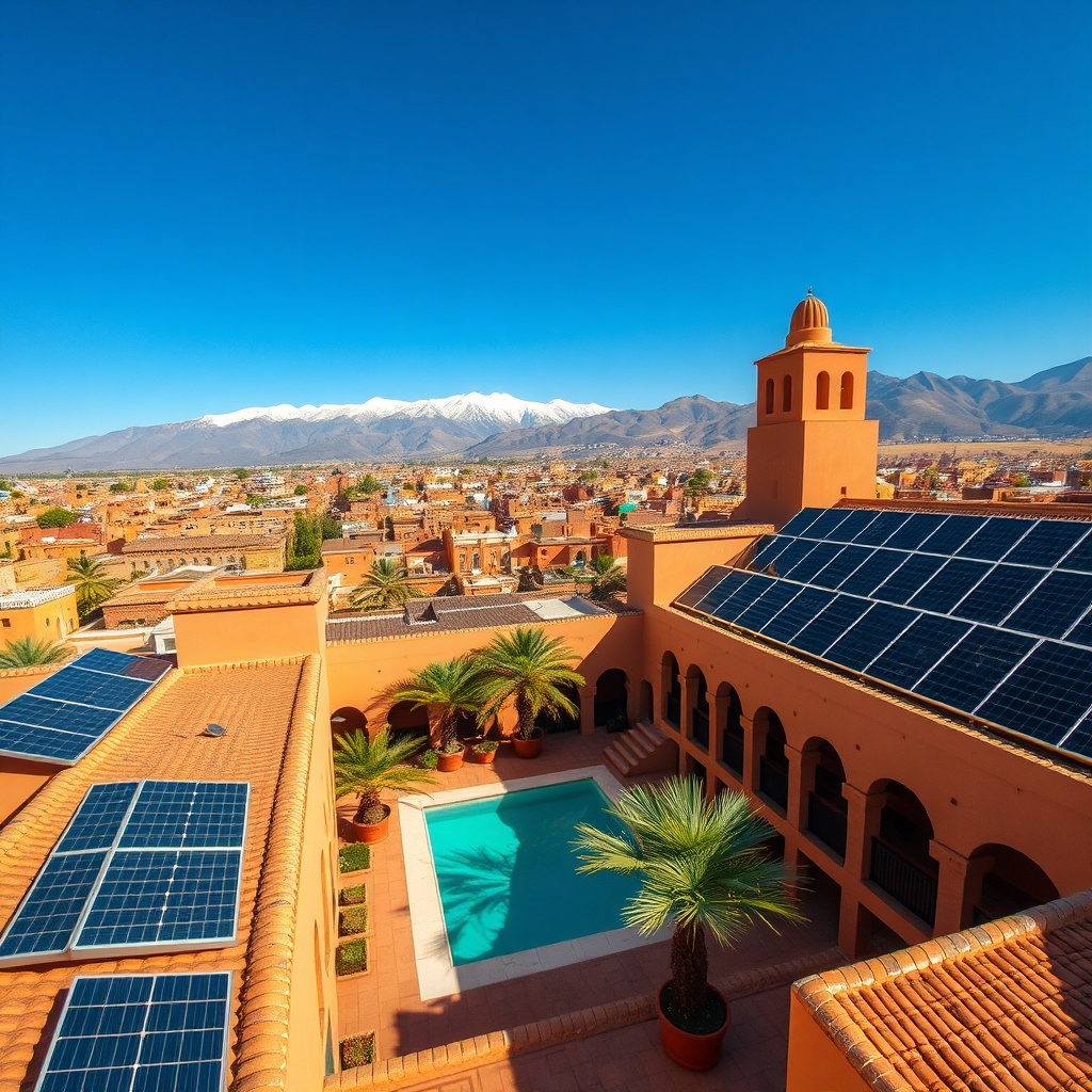 Installation de panneaux solaires sur le toit d'un riad traditionnel à Marrakech, avec les montagnes de l'Atlas en arrière-plan, illustrant l'énergie solaire Marrakech durable et rentable pour les propriétaires
