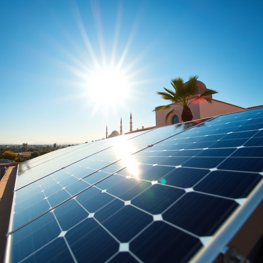 Panneaux solaires photovoltaïques installés sur une villa moderne à Marrakech, captant le rayonnement solaire intense pour réduire la facture d'électricité et valoriser le patrimoine immobilier
