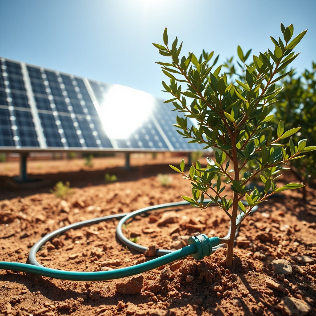 Panneaux solaires utilisés pour l'énergie solaire pour l'irrigation des cultures d'arganier avec système goutte-à-goutte efficace