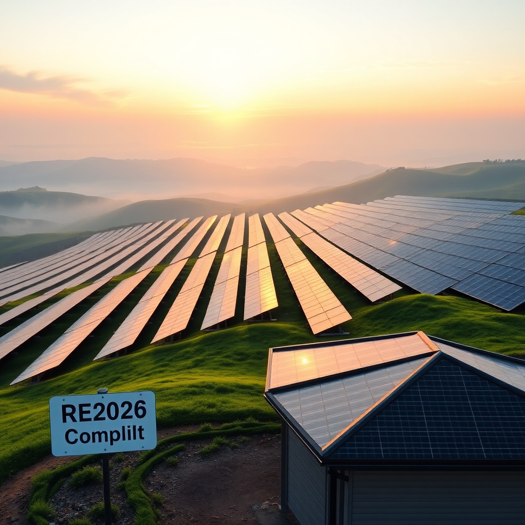 Expansive solar farm with advanced photovoltaic panels under a sunrise sky, symbolizing sustainable energy solutions