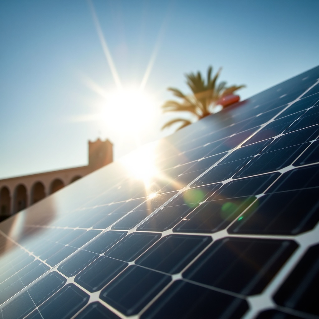Close-up view of efficient panneaux solaires Casablanca technology, capturing the photovoltaic cells under direct sunlight in a warm Moroccan setting, symbolizing renewable energy savings.