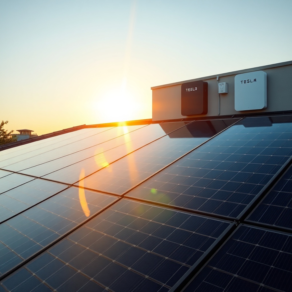 High-efficiency photovoltaic panels and solar battery storage system on a modern residential rooftop