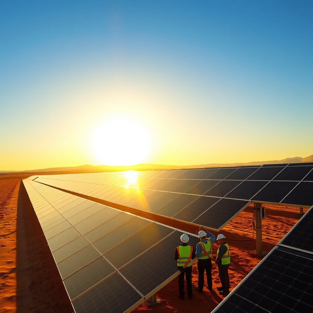 Comparaison énergie solaire vs énergie éolienne Maroc : installation solaire moderne dans le désert marocain