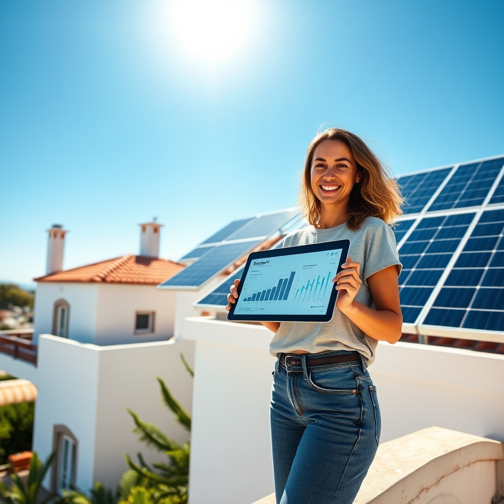 Installation de panneaux solaires en autoconsommation sur le toit d'une maison marocaine, illustrant la production solaire Maroc pour les particuliers et le suivi de la production via une tablette.