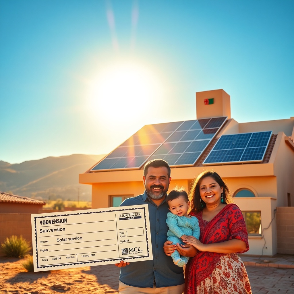 aides financières panneaux solaires Maroc showing a family receiving a government solar subsidy voucher in front of a rooftop solar installation