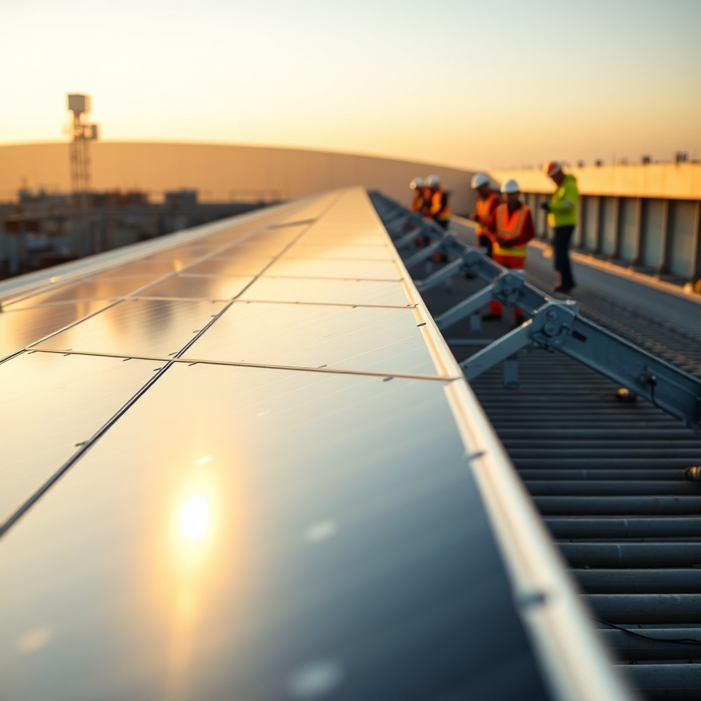 Installation de panneaux solaires sur un hangar industriel marocain avec techniciens en arrière-plan