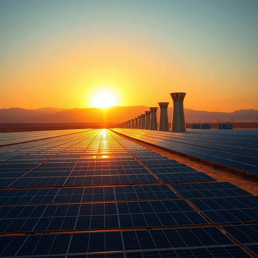 Vaste complexe de production d'énergie solaire au Maroc avec des panneaux photovoltaïques et des tours solaires thermiques sous un coucher de soleil.
