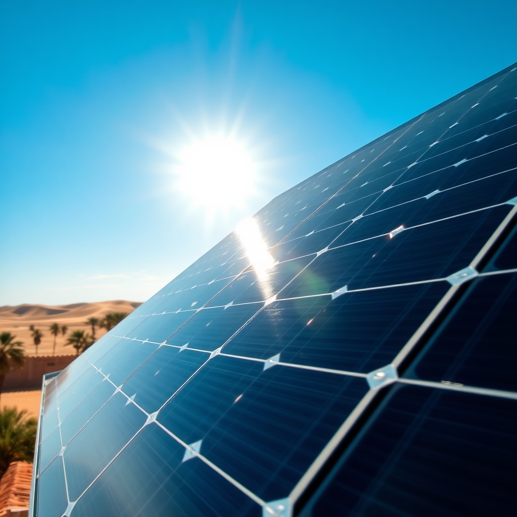 Gros plan sur des panneaux solaires bifaciaux à Marrakech montrant la technologie avancée sous un ciel bleu éclatant