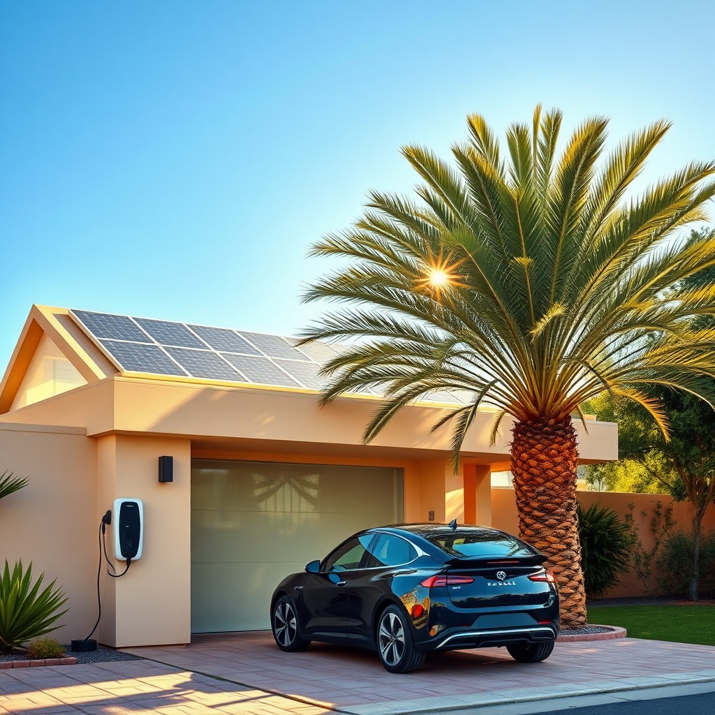 Modern Moroccan home with solar panels and smart EV charger for recharging electric vehicles with solar power in Morocco