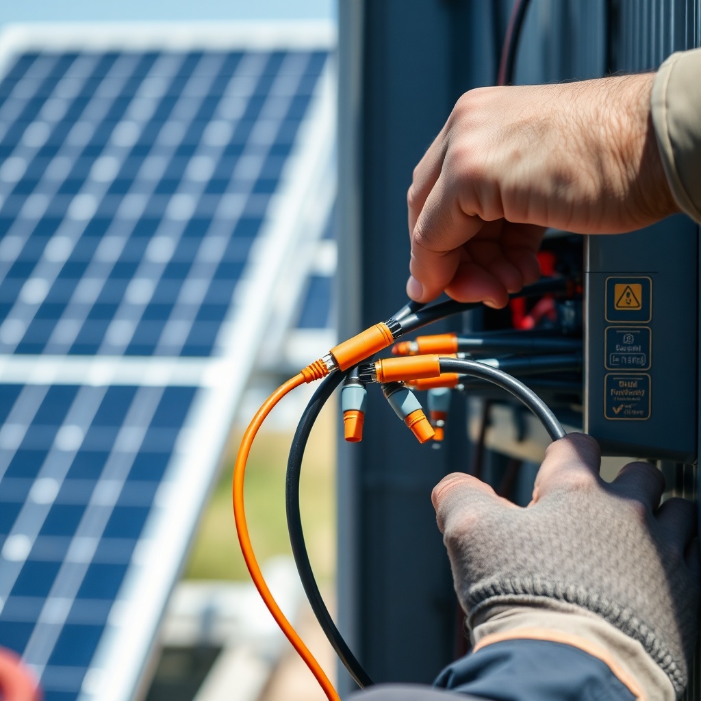 Technicien effectuant le câblage d'un onduleur solaire photovoltaïque, avec des câbles électriques et des connecteurs bien visibles.