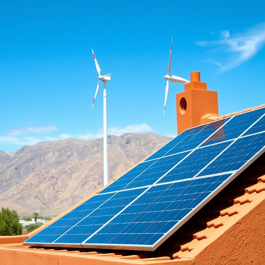 Residential solar panels and a small wind turbine on a Moroccan home, showcasing the comparison of home solar panels vs wind turbine in Morocco for renewable energy solutions.