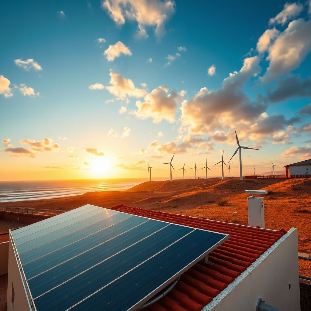 Comparison of solar panels and wind turbines in Morocco, showing a residential rooftop with photovoltaic panels and coastal wind turbines under a golden sky, illustrating the choice between solar and wind energy for Moroccan homes.