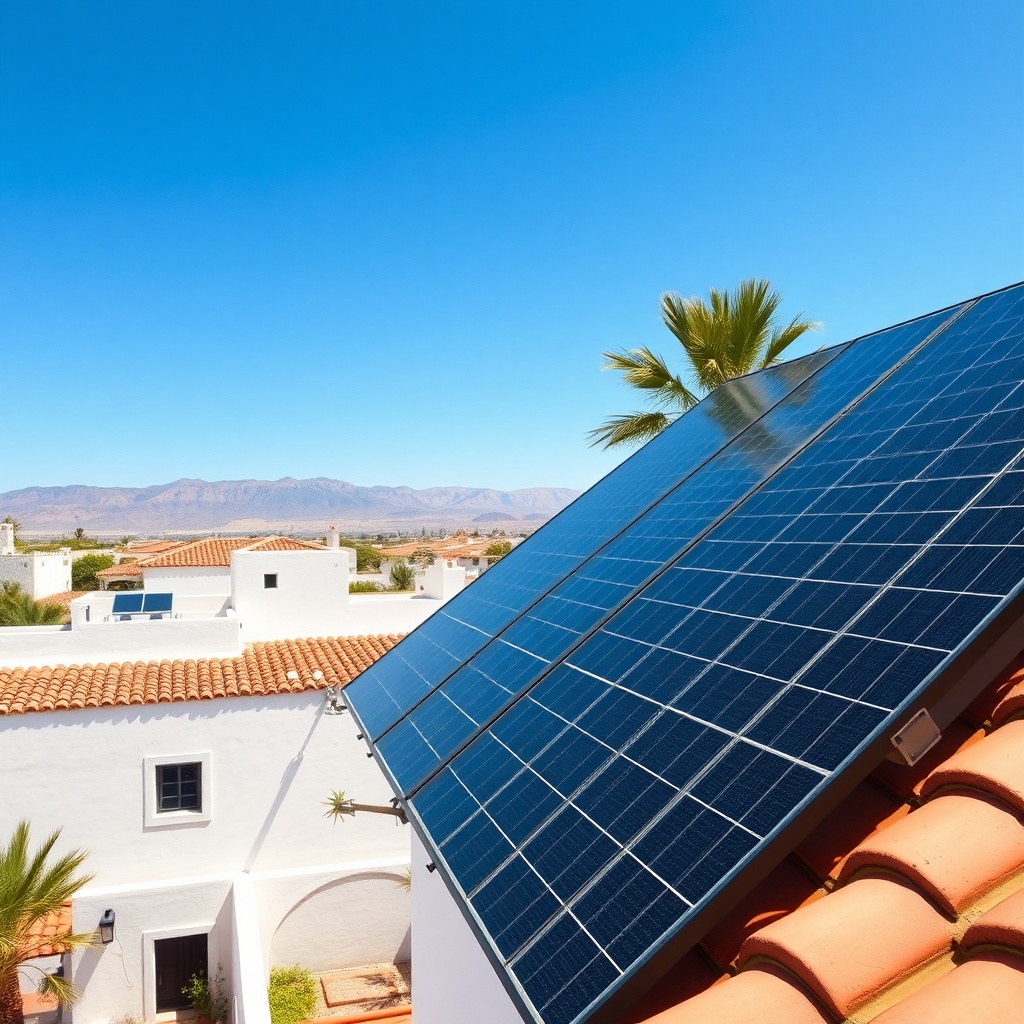 Installation de panneaux solaires sur le toit d'une villa marocaine, une solution d'énergie solaire Maroc pour les particuliers, avec les montagnes de l'Atlas en arrière-plan