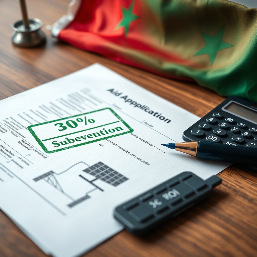 aides financières panneaux solaires Maroc represented by a stamped subsidy form and ROI chart for solar panel investment